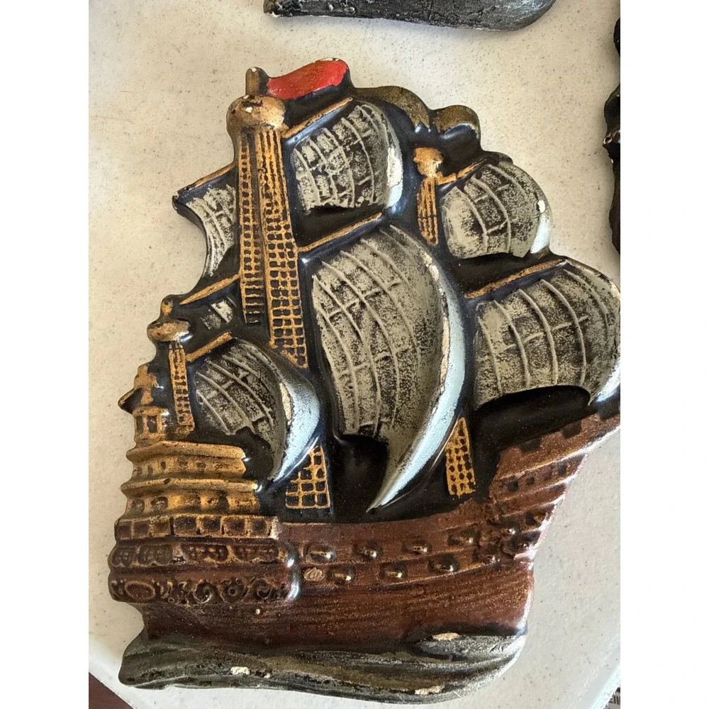 Vintage Nautical Pirate Ship Wall‎ Decor 3D Galleon Plaques Set of 3 Bronze Gold